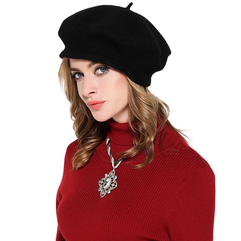 AIYUE Women Men French Beret Wool Warm Beanie Hat Solid Color Artist Painter Fancy Dress Costumes Black/Whtei - Image 4